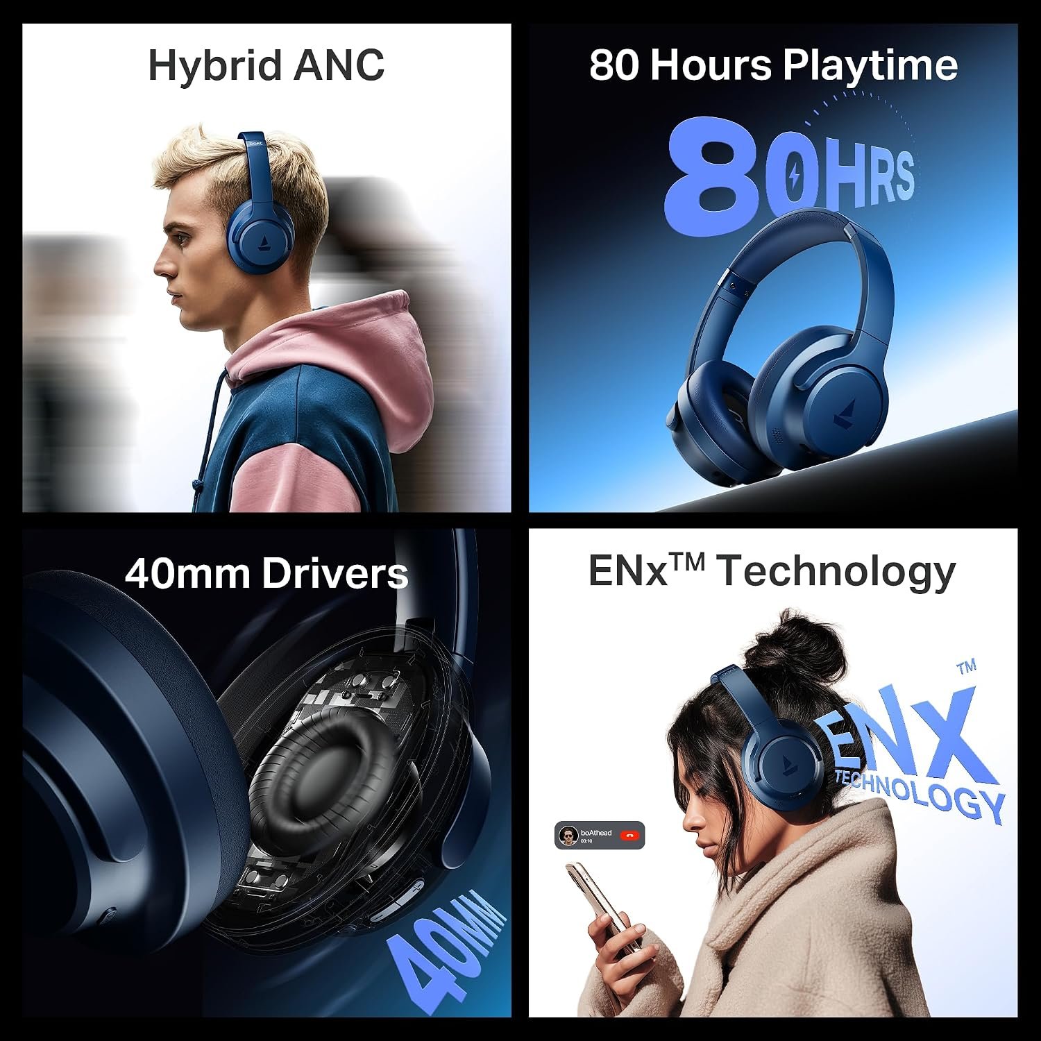 boAt Rockerz 512 ANC,(~40dB) Hybrid ANC, 80H Battery, 40mm Drivers, 40ms Low Latency, ENx Tech, App Support, Bluetooth Headphones, Wireless Headphone with Mic (Bold Blue) - Image 2